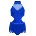 thumbnail image 3 of Jhaoyu Robe de Danse Latine pour Filles avec Strass, Franges, Justaucorps Sans Dos, Bleu 14, 3 of 7