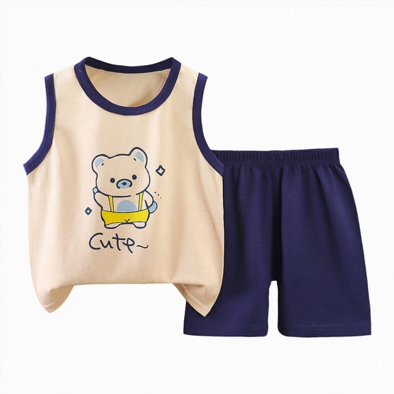 CAUYDY Toddler Baby 2-7T Little Boy Summer Pajamas Set Casual Wear for Baby Boys 2Pcs Adorable Print Sleeveless Shirt   Elastic Shorts 9-18M Kids Sleepwear (Sizes 18-24 Months,L4-Dark Blue)