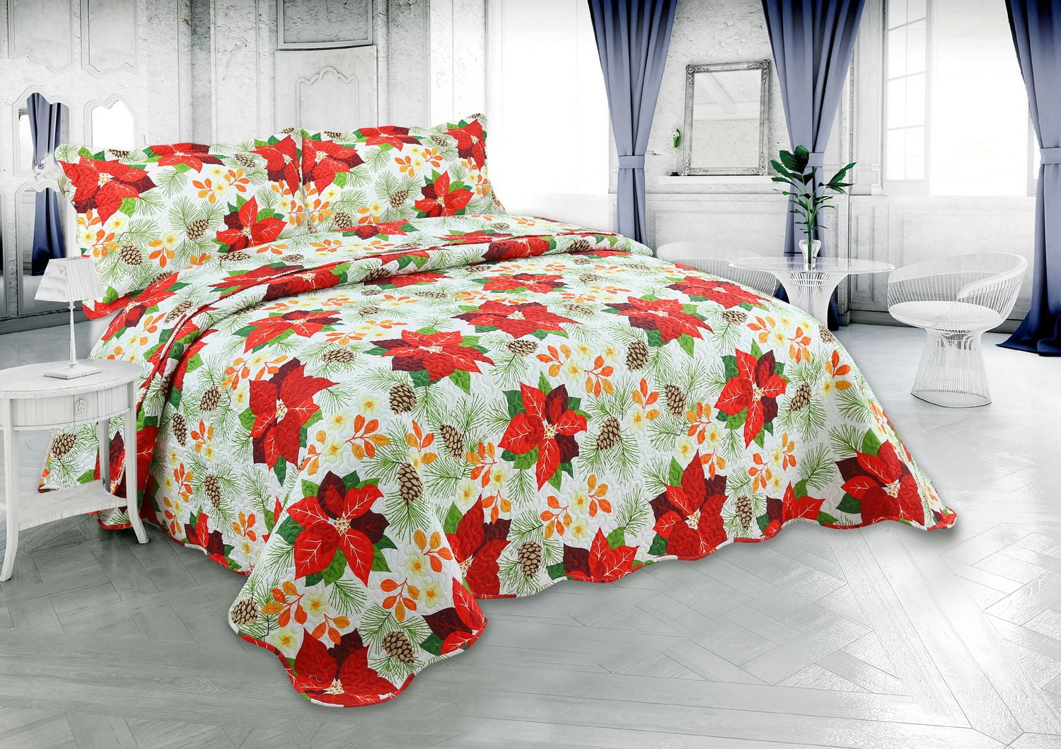 Marina Decoration Rich Printed Embossed Pinsonic Coverlet Bedspread Ultra Soft Bedding Summer Christmas Quilt Set with Shams, Red Poinsettia White Base Pattern