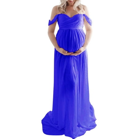 

Maxi Maternity Dress for Photography Off Shoulder Chiffon Gown Photoshoot Props Split Front Pregnancy Dresses