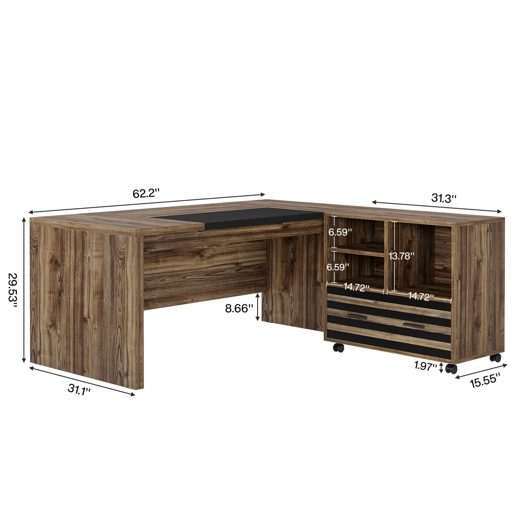 MAYEERTY 66.2" L-Shaped Executive Computer Desk with Rolling Mobile File Cabinet, Water & Scratch Resistant Thick MDF Workstation, 450 LBS Weight Capacity with Lockable Casters for Home Office