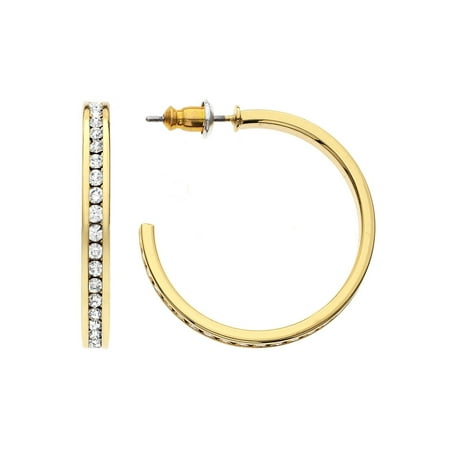 14KT Gold Plated Channel Set Clear Crystal 30mm Hoop Earring