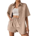 thumbnail image 1 of Short Sets for Women Waffle Knit Loose Fit Short Sleeve Button Down Collared Shirt and Shorts 2 Piece Matching Set, 1 of 1
