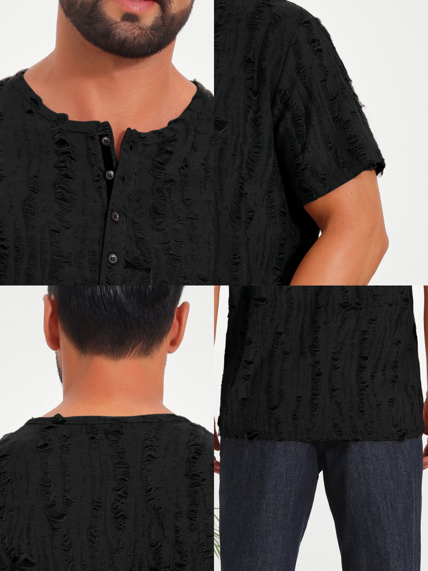 DARING DIVA Men's Ripped Henley Retro Short Sleeve Button Down T-Shirt XL Black