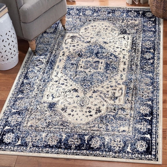 Luxe Weavers Oriental Distressed Ivory 5x7 Area Rug Blue Carpet