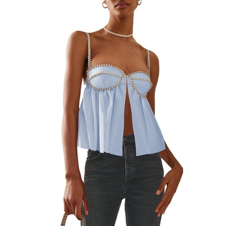 

Biekopu Women Straps Summer Tops Vests Rhinestone Trim Sleeveless Backless Sling Tank Camisoles