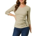 thumbnail image 1 of Blusa de mujer con fruncidos Inspire Chic, decoración de botones, cuello en V, manga 3/4, top de punto sólido, 2XL, color caqui claro, 1 of 8