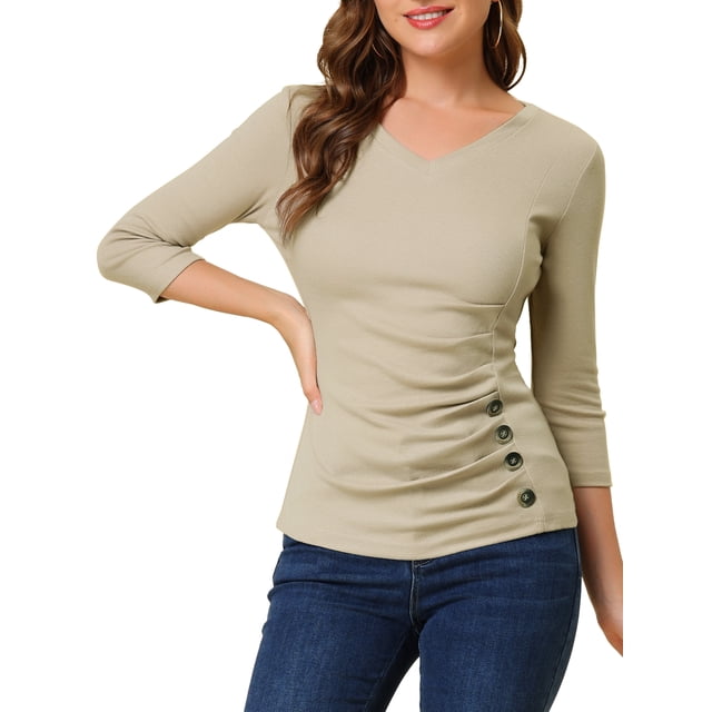 Blusa de mujer con fruncidos Inspire Chic, decoración de botones, cuello en V, manga 3/4, top de punto sólido, 2XL, color caqui claro