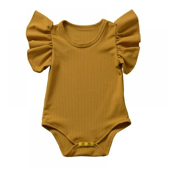 GYRATEDREAM Newborn Baby Girls Ruffles Romper Short Sleeve Jumpsuit Ribbed Summer Clothes Outfits, Yellow 12-18 Months