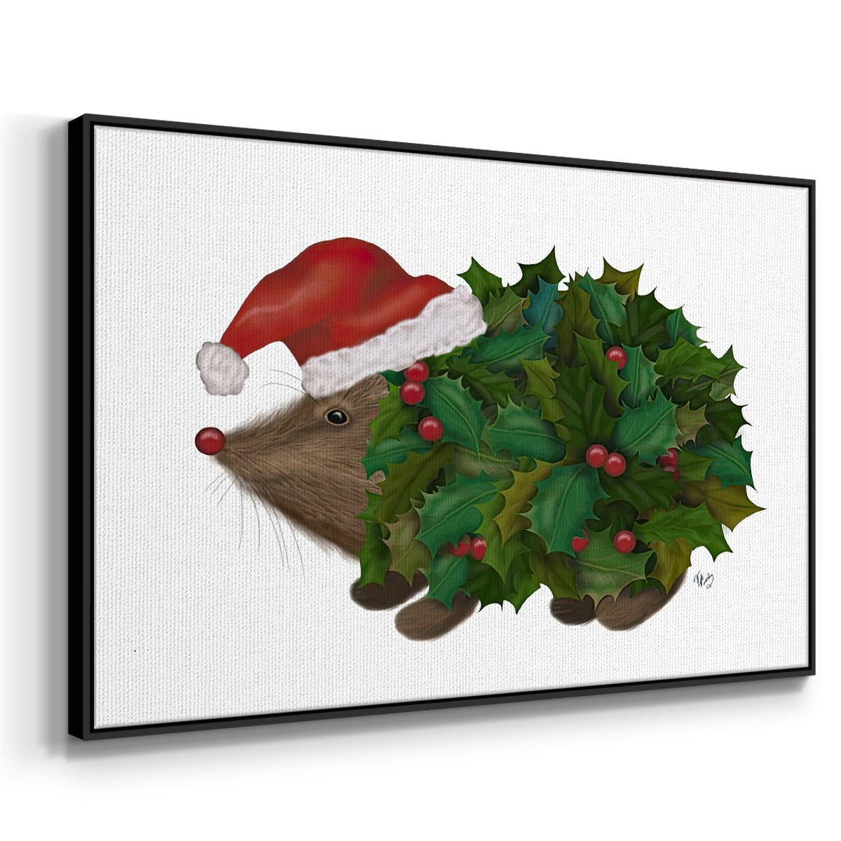 Christmas Holly Hedgehog - Framed Gallery Wrapped Holiday Canvas - 25 x 37 - Black Frame