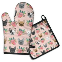 Pink French Bulldog Flowers Florals Kitchen Oven Mitt and Pot Holder Sets 2 Pcs for Baking, Cooking and Grilling, Heat Resistant Up To 392 °F