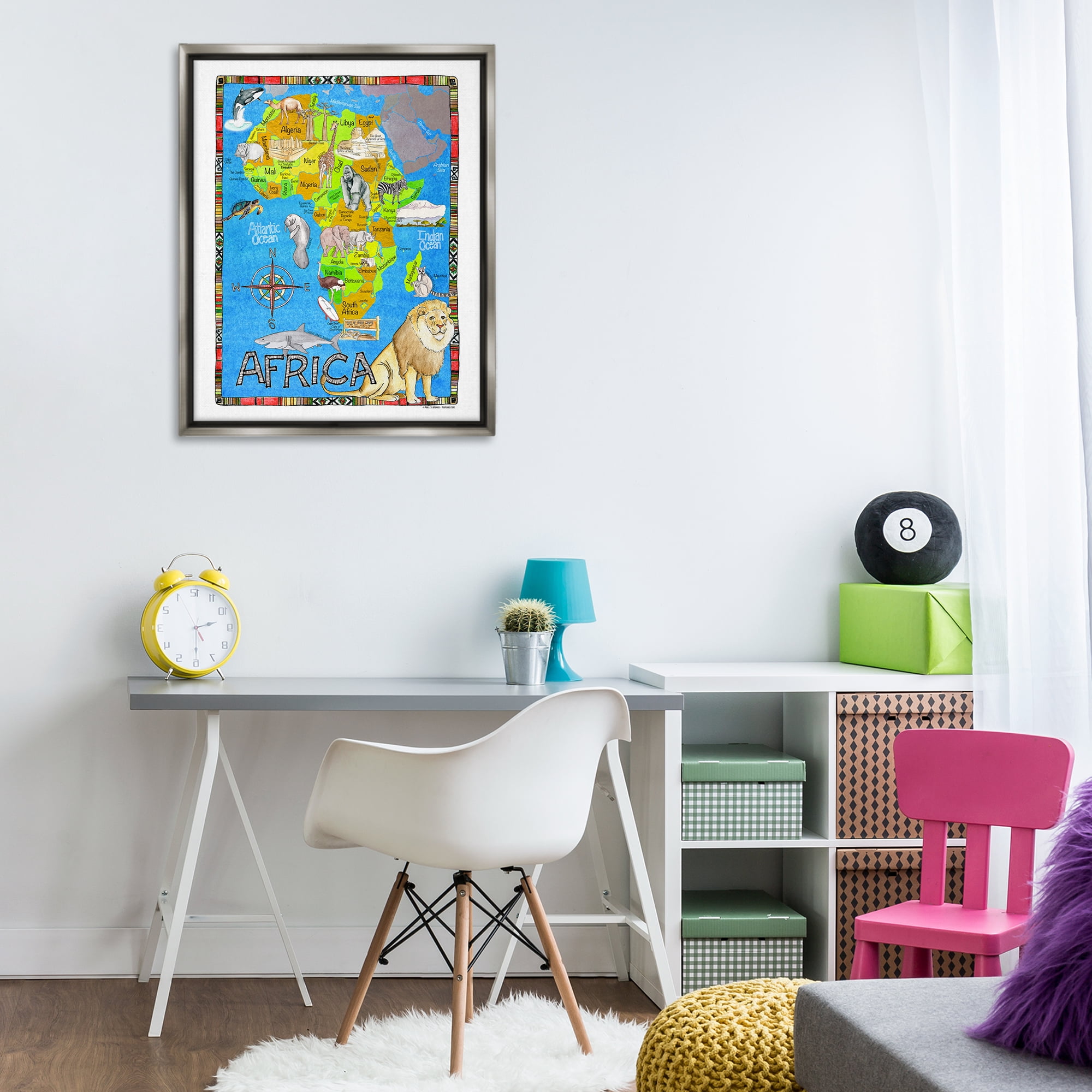 Stupell Industries African Animals Map Town & City Painting Gray Floater Framed Art Print Wall Art, 25 x 31