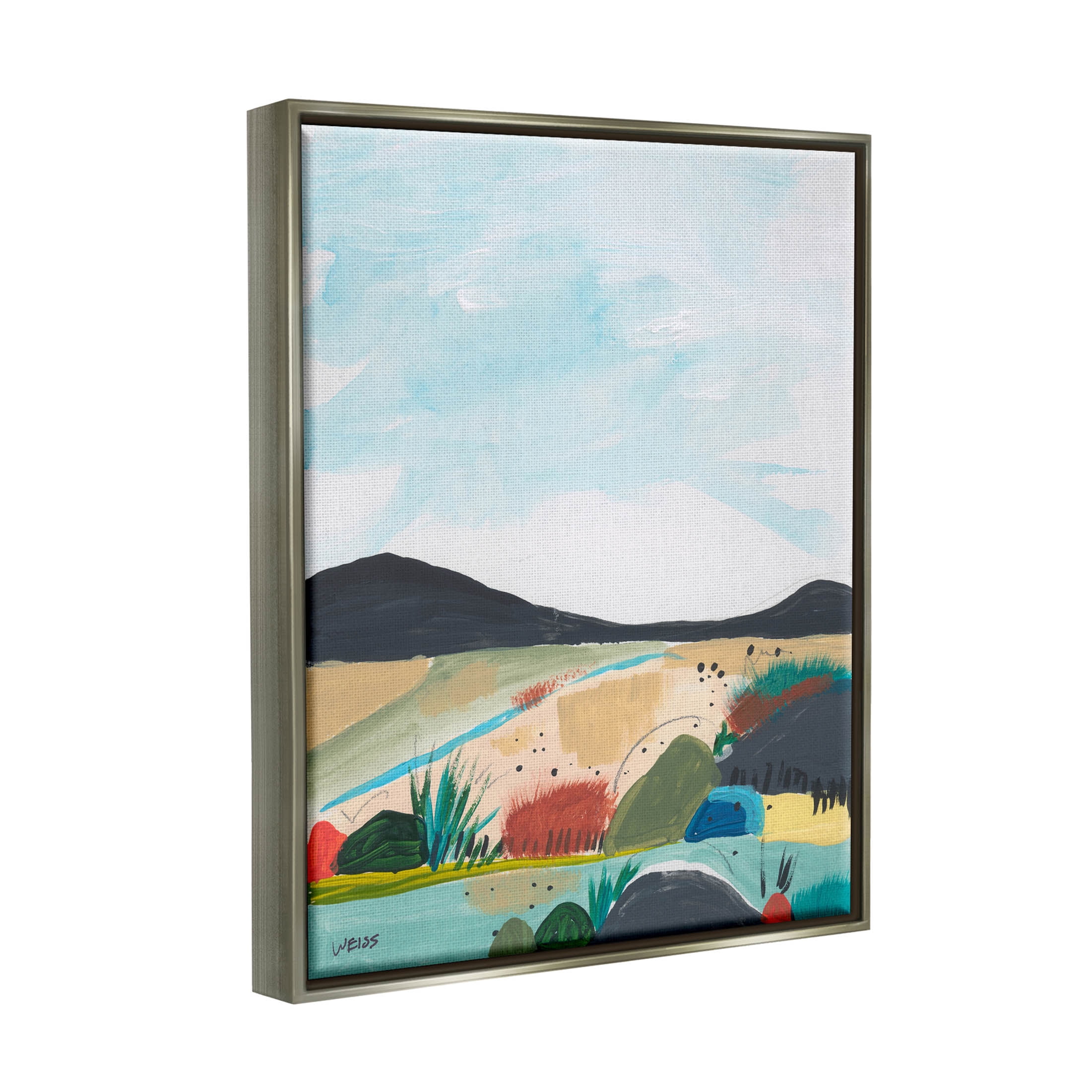 Stupell Industries Riverside Mountain Landscape Scene Painting Luster Gray Floating Framed Canvas Print Wall Art, Design by Jan Weiss