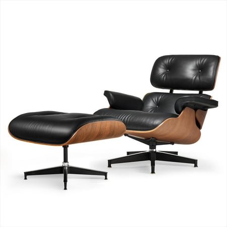 Mid Century Chaise Lounge Chair Indoor, Modern Leatherchair With Ottoman,Swivel Accent Chair for Reading Room , Classic Design,Walnut Wood,Black