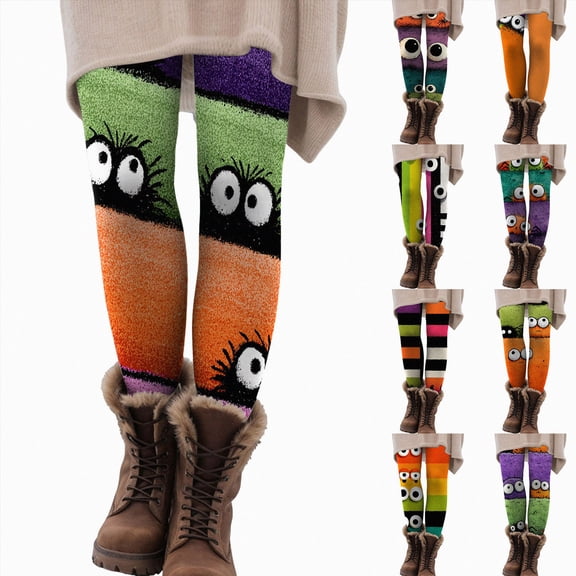 Halloween Leggings for Women Tummy Control Striped Pumpkin Printed Stretchy Leggings Yoga Pants Tights(Multicolour,L)