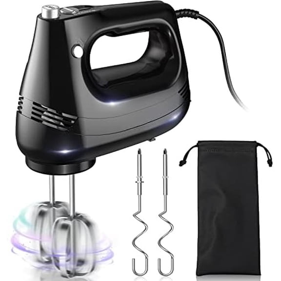 Electric Hand Mixer with Stainless Steel Whisk, Dough Hook Attachment and Storage Bag, Handheld Mixer for Baking Cakes, Eggs, Cream Food Mixers. Turbo Boost /5 Speed Kitchen Blender