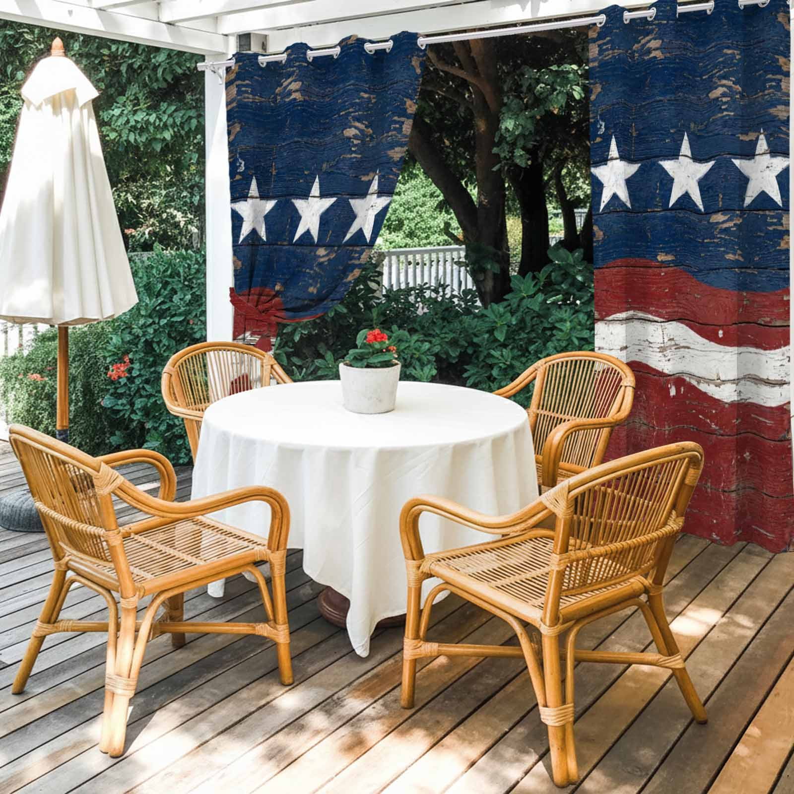 Independence Day Outdoor Curtains for Patio, Vintage American Flag Retro Blue Red Wave Wood Grain Sunshade Privacy Drapes Grommet Waterproof Outside Curtains for Porch Balcony 54"x108", 1 Panel