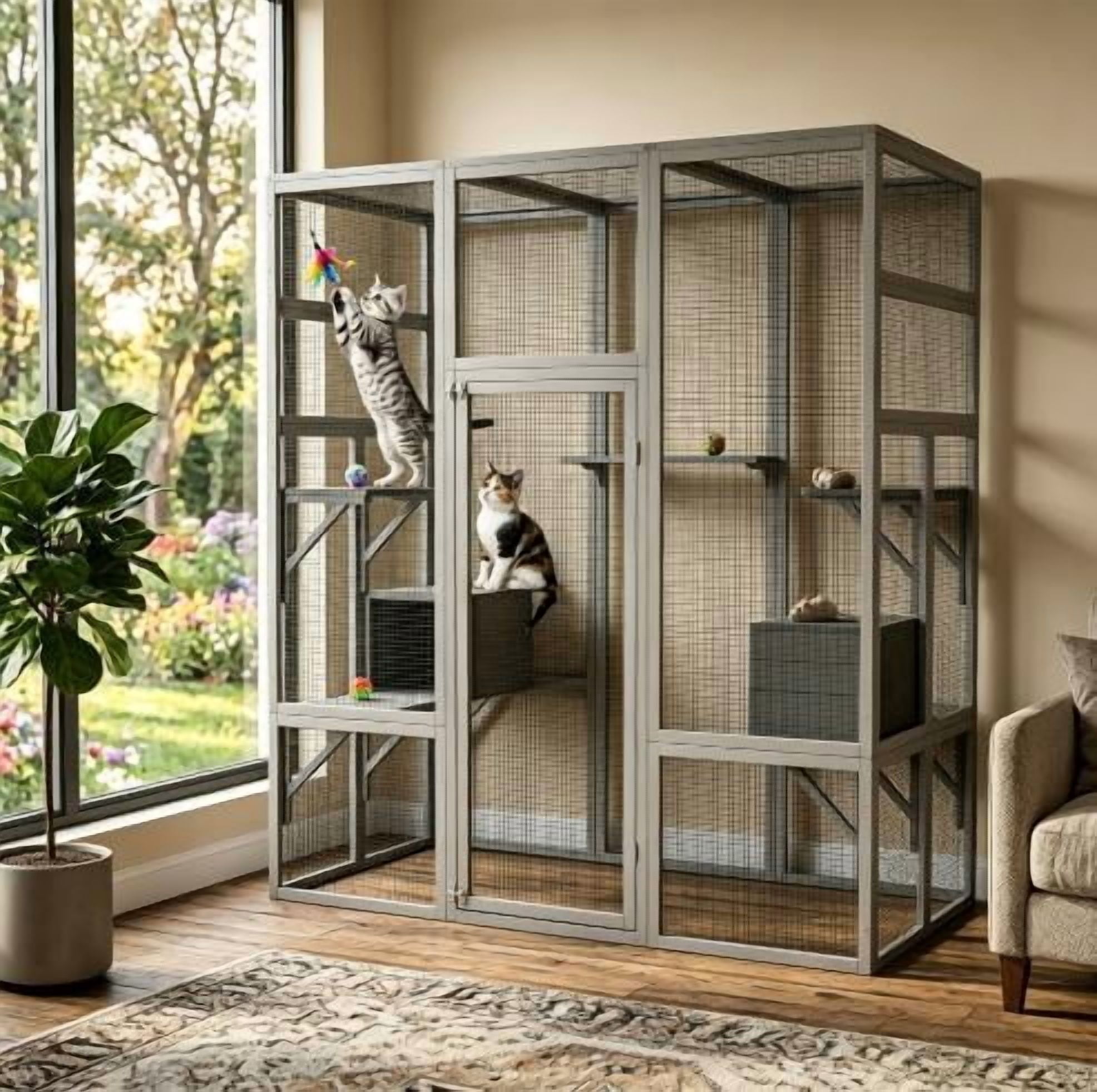ZephyPaws 70in Outdoor Cat Catio Enclosures Large Wooden Cat House Patio for Indoor Cats Feral Cat Shelter with Espace Doors,2 Resting Rooms,5 Platforms,Gray