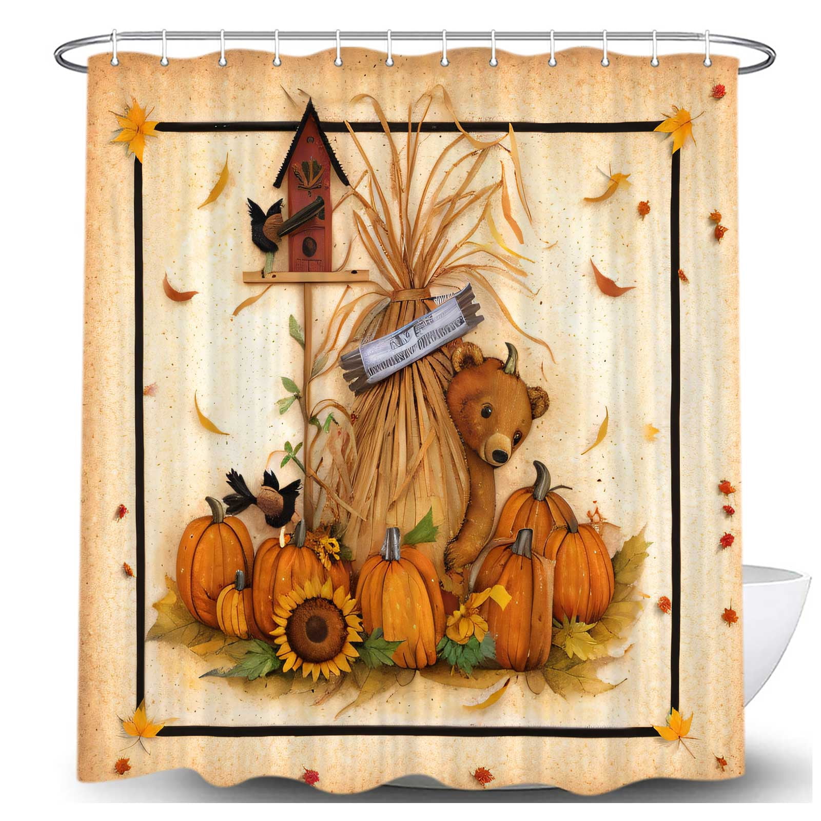 Fall Thanksgiving Shower Curtains for Bathroom, Retro Autumn Pumpkin Sunflower Bear Bath Curtain Set, Vintage Polyester Fabric Bathroom Accessories Restroom Decor 12 Hooks Included (72"W X 72"H)