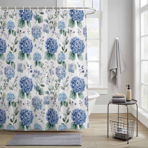 Bathroom Shower Curtain Blue Flower Hydrangea Eucalyptus Leaf Waterproof Shower Curtains with Hooks, Watercolor Floral Seamless Bath Curtains Bathtub Curtain Home Decor 36x72in