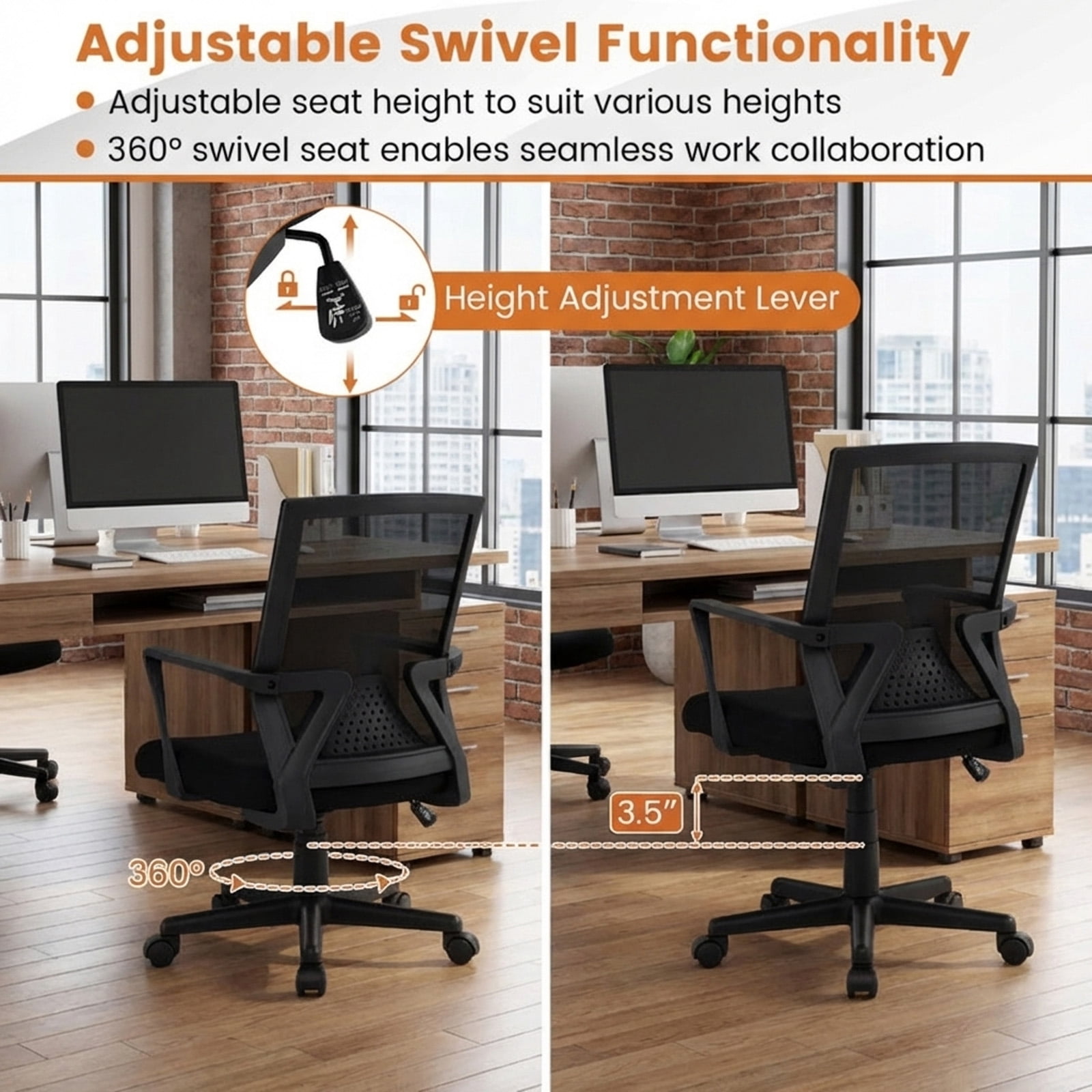 Furnibear Ergonomic Mesh Office Chair Mid Back Desk Chair with Lumbar Support, Rocking Function, Adjustable Computer Chair for Home Office, Black