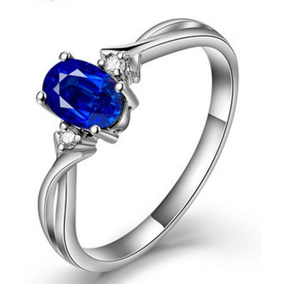 Perfect 1.50 Carat 8x6mm Oval Shape Blue Sapphire And Moissanite Diamond Trilogy Engagement Ring in 10k White Gold