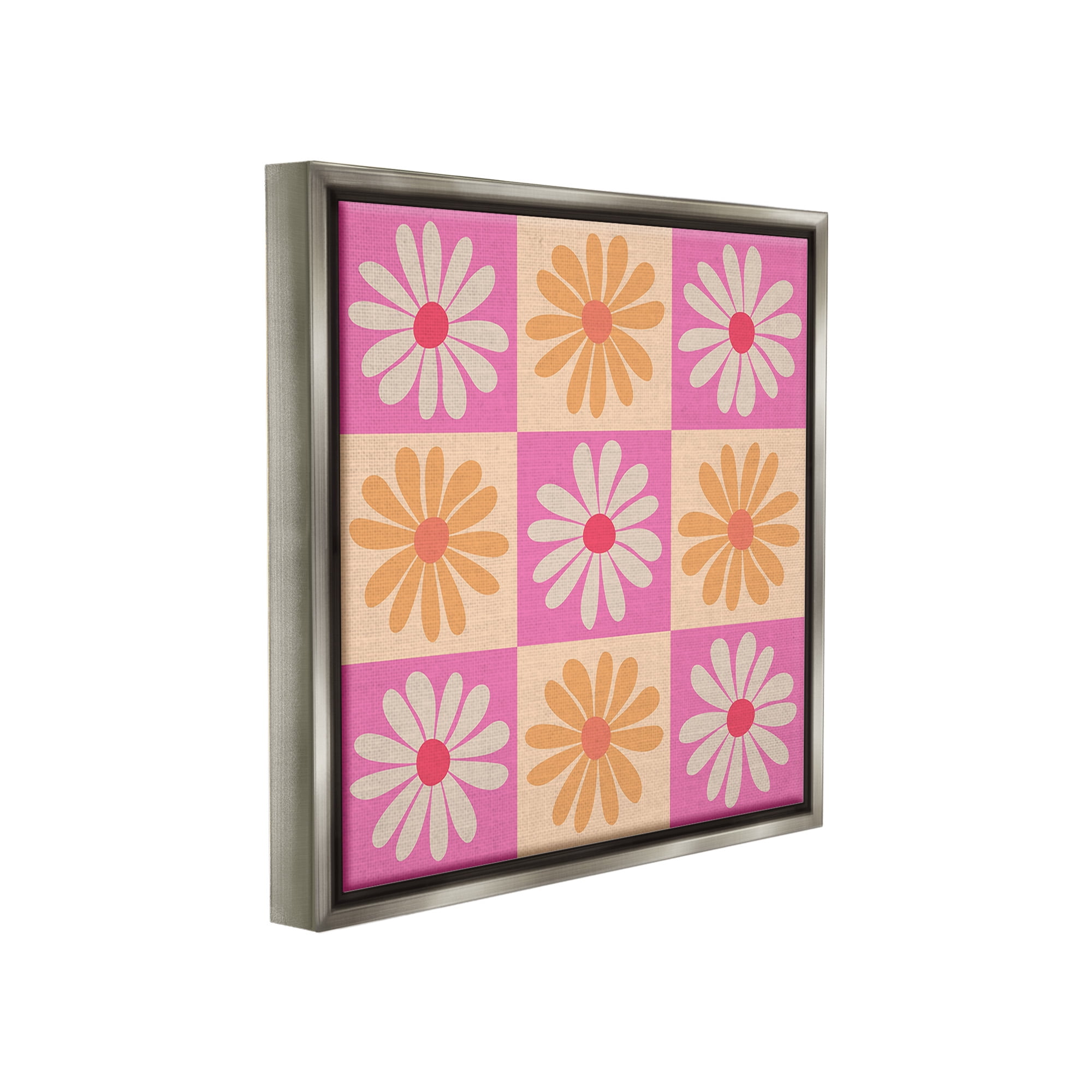 Stupell Industries Checkered Flower Pattern Botanical & Floral Painting Gray Floater Framed Canvas Art Print Wall Art, 18 x 18