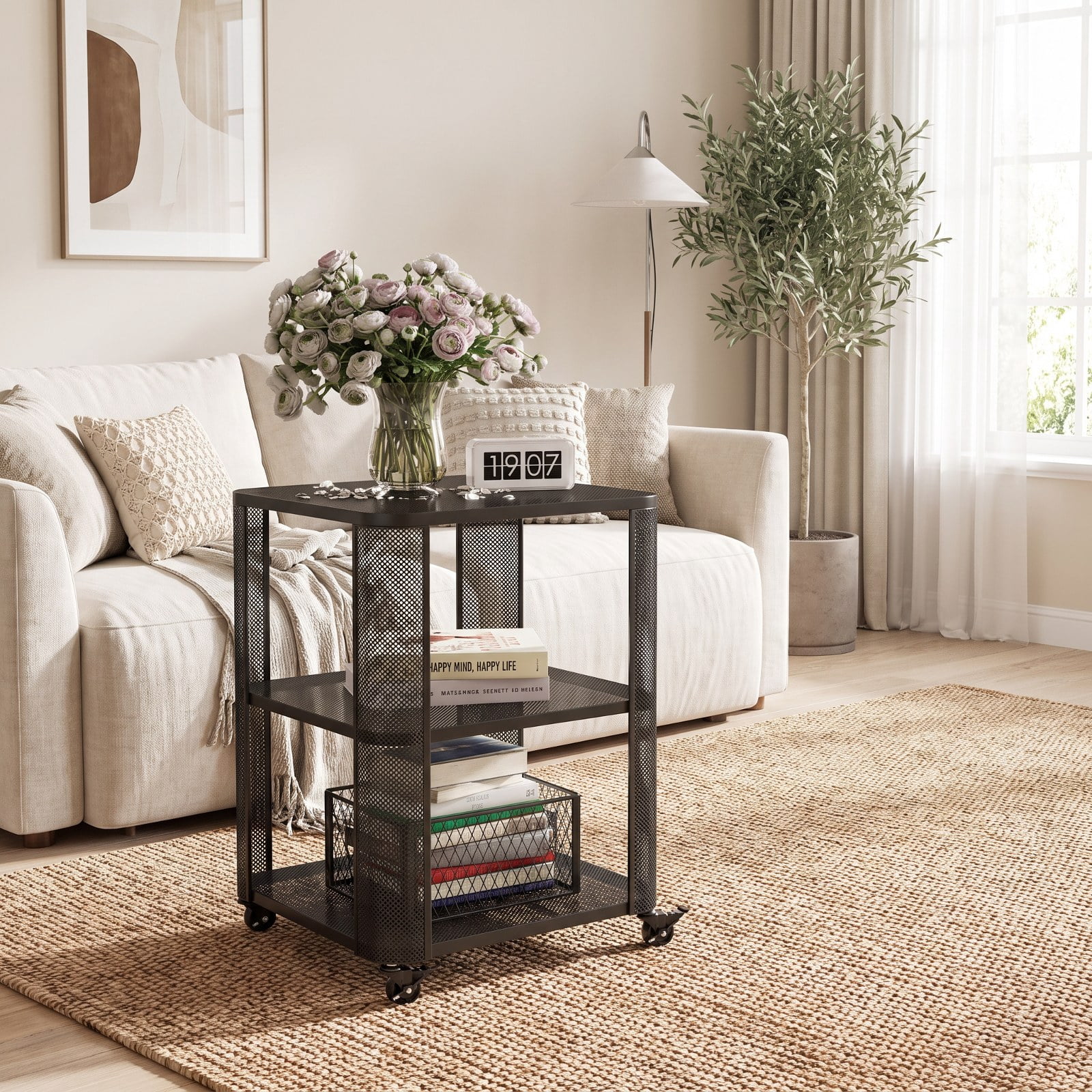 Furnibear 3 Tier Rolling End Table Set of 2 with Locking Casters and Metal Mesh Storage Shelves for Living Room Bedroom and Dorm, Black