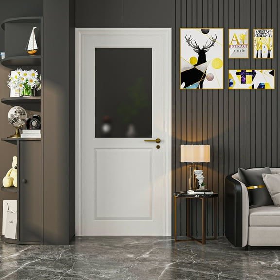 30'' X 80" Frosted Glass Slab Door Solid Manufactured Wood -shower door White Primed Standard Door w/o Frame&Hardware Kit