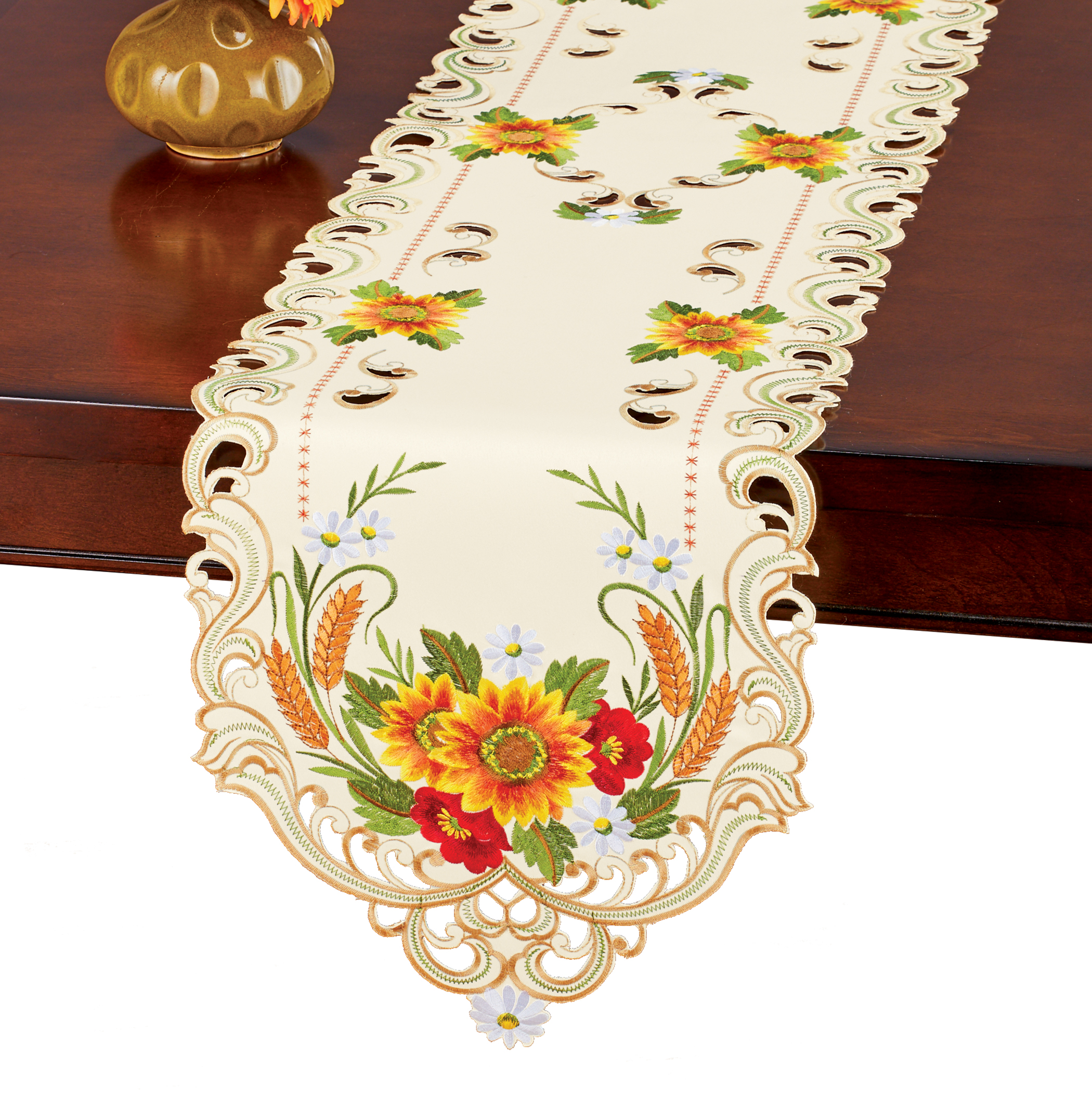 Collections Etc Sunflower Embroidered Floral Cream Table Linens RUNNER