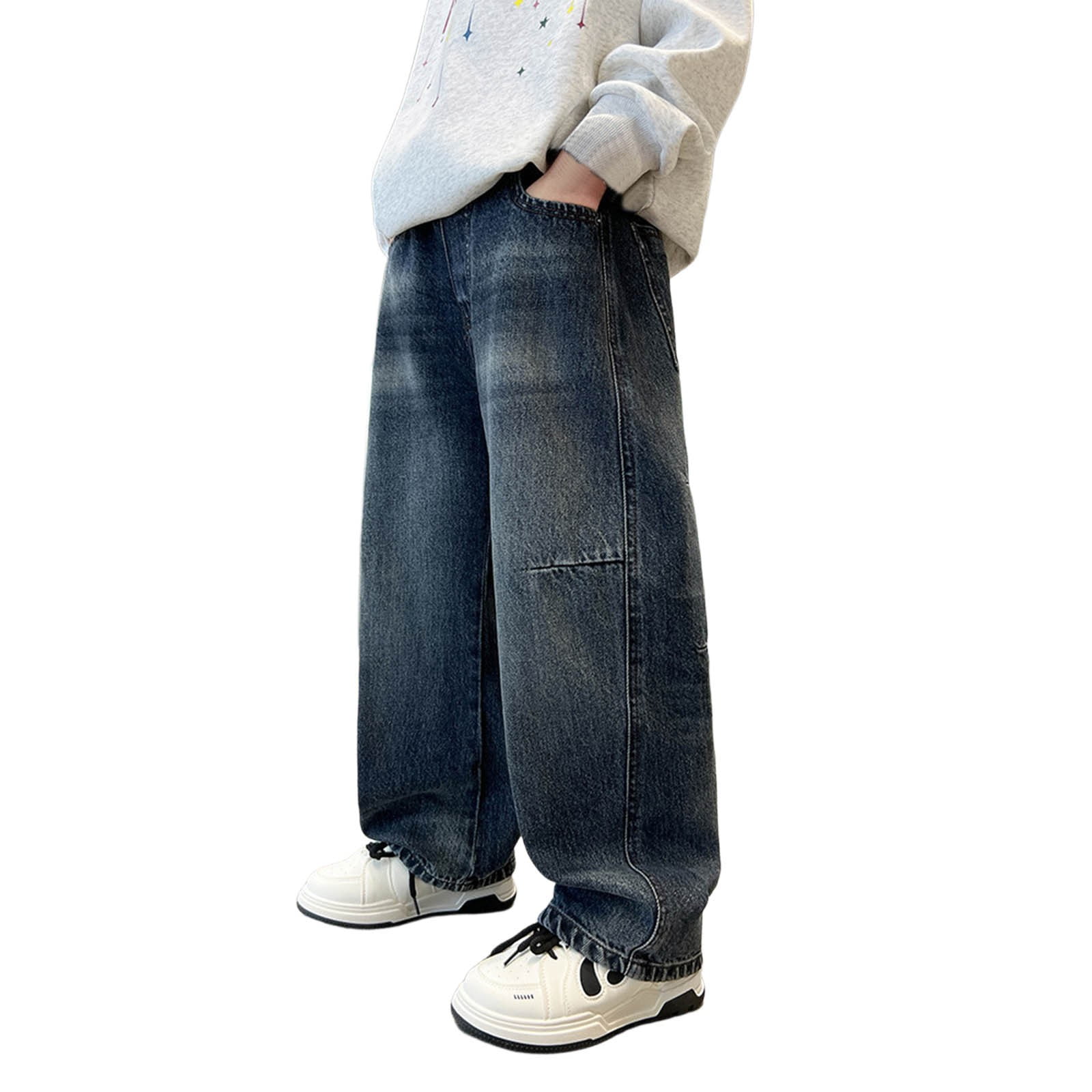 Gaexia Boys Baggy Jeans Kids Straight Wide Leg Elastic Waist Denim Pants with Pocket Boy Oversized Preppy Washed Jeans 9-10 Years