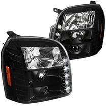 DRL LED Light Strip Projector Headlight in Black Housing Clear Lens Made For And Compatible With 2007 - 2014 GMC Yukon Denali 07 08 09 10 11 12 13 14