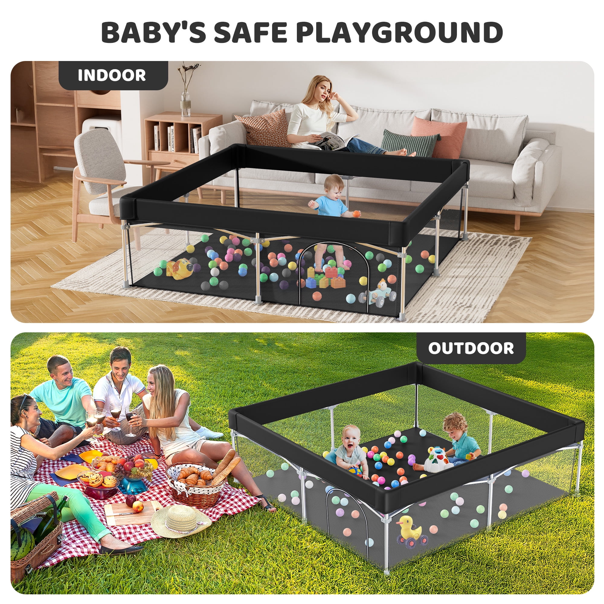 babyeap Foldable Baby Playpen,Playpens for Babies and Toddlers with Storage Bag,Indoor & Outdoor Baby Fence Play Pen Area,Black