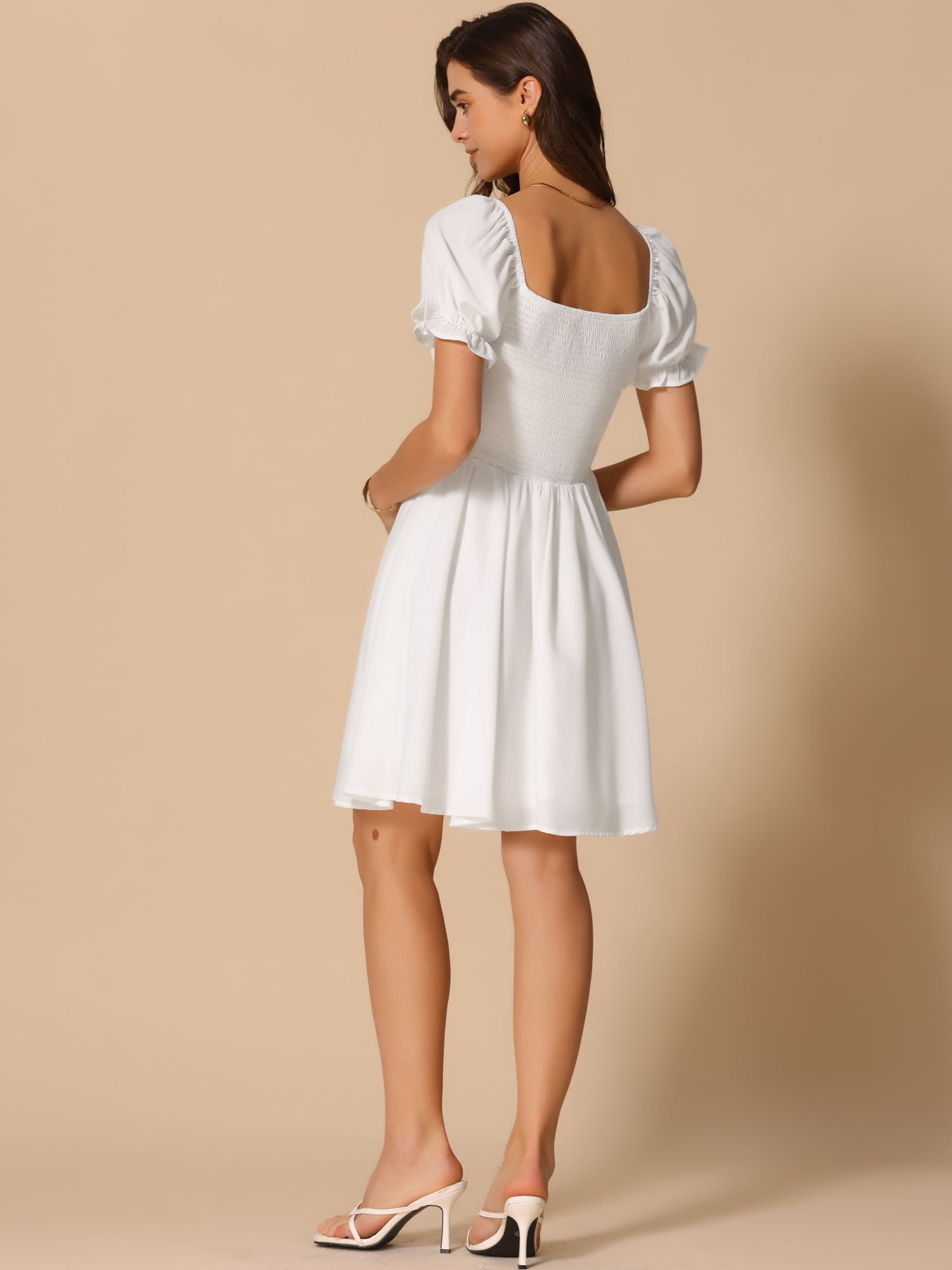 DARING DIVA Corset Short Square Neck Puff Sleeve Floral Lace Up Dress M White