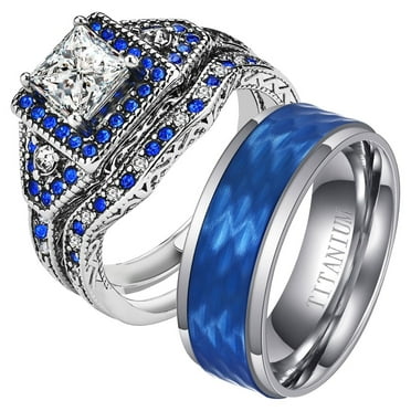 His and Hers Wedding Ring Sets Couples Rings Adjustable size Sterling Silver Blue cz Wedding Engagement Ring Bridal Sets Men's Titanium Wedding Band