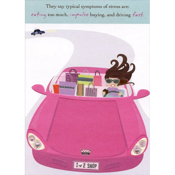 Designer Greetings Impulse Buying and Driving Fast : Pink Convertible Funny : Humorous Feminine Birthday Card for Her : Woman : Women