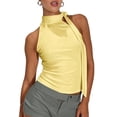 thumbnail image 2 of Womens Summer Sleeveless Halter Neck Open Back Tie Up Slim Fit Crop T Shirt Top Light Yellow L, 2 of 10