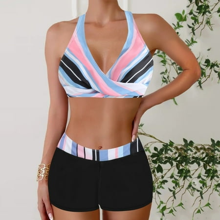 Ayolanni Separate Women s Swimwear Bikinis Striped Modest V-Neck Pink Cross-Back Two-Piece Sets Swimsuits for Teens 3x