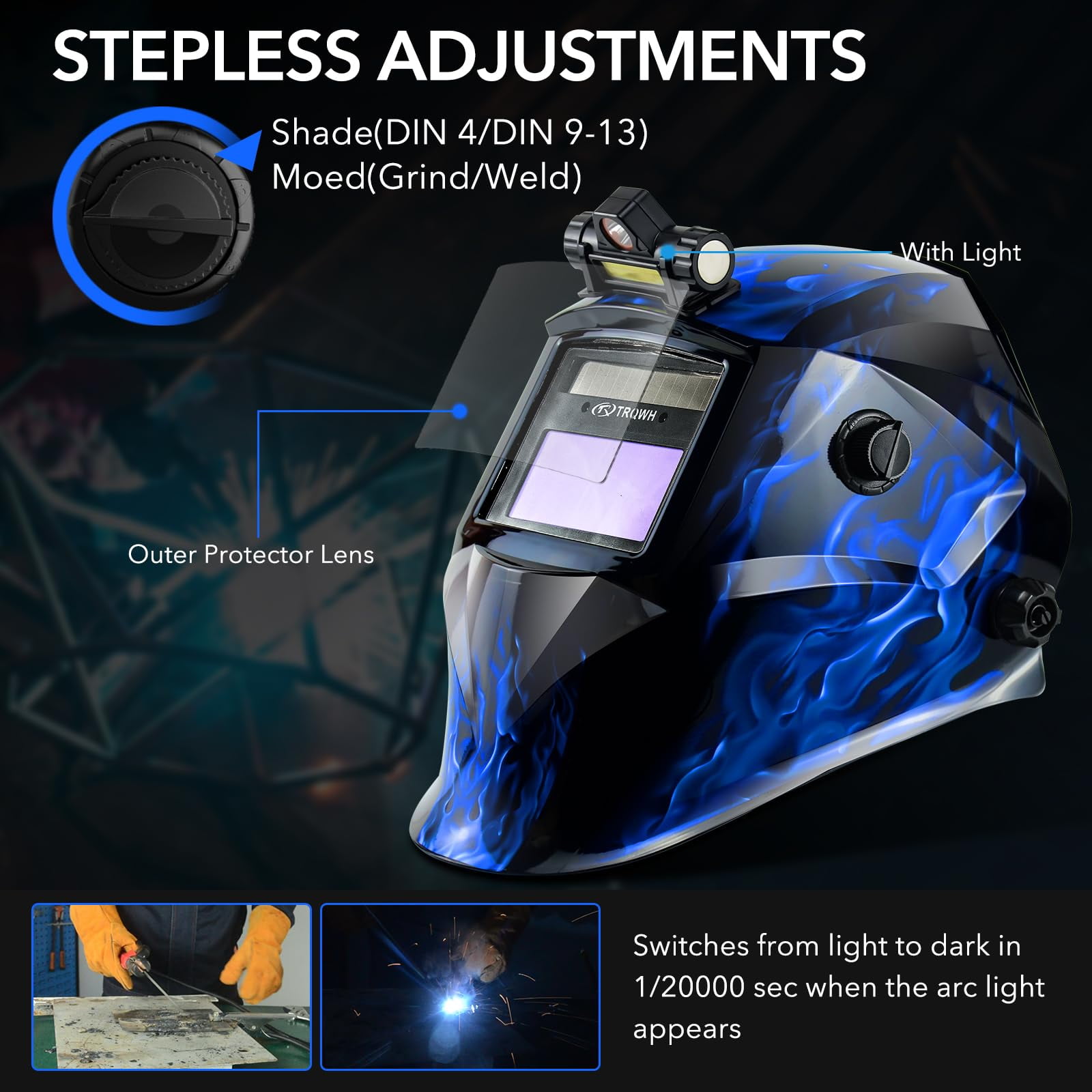 Welding Hood Auto Darkening Welding Helmet with Light True Color 1/1/1/2 Top Optical Clarity Wide Shade 9-13 Welding Mask with Grinding Weld Helmet