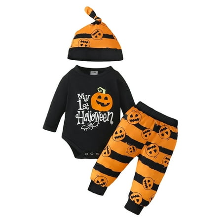 

Toddler Baby Boys Clothes Outfits Cute Kids Set Winter Long Sleeve Cartoon Pumpkins Prints Romper Pants Hat 3Pcs Casual Playwear Suits Orange 3-6 Months