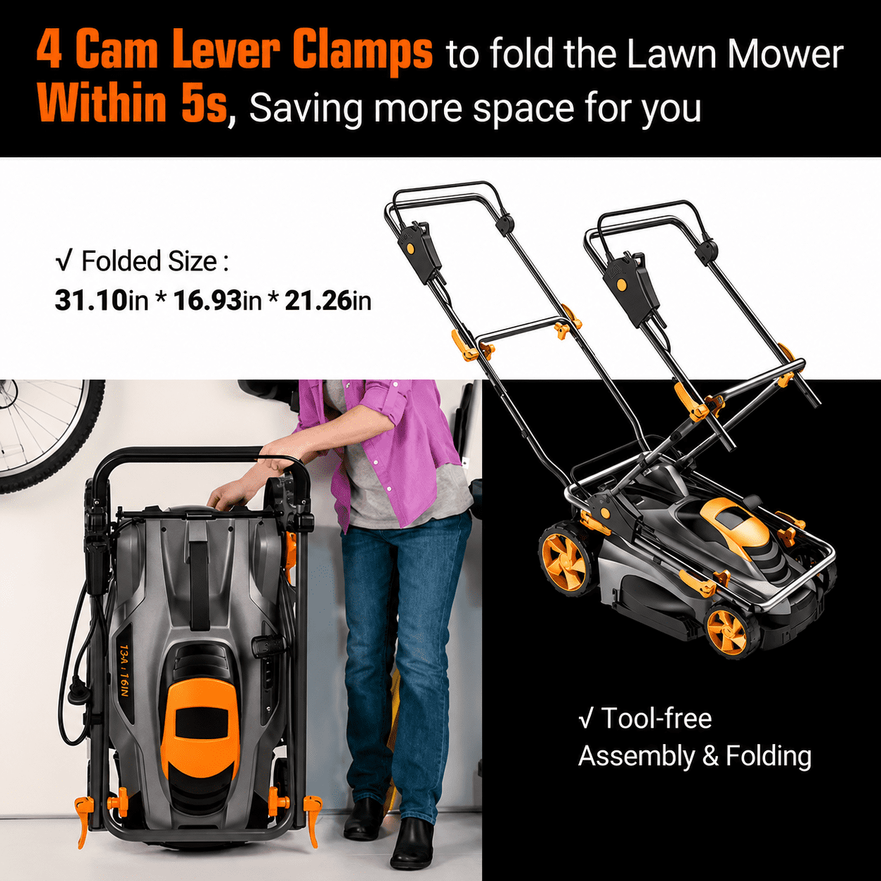 DOVAMAN 13 Amp Electric Lawn Mower, 16-Inch Cutting Width, 5 Adjustable Mowing Heights, 3-Step Foldable Handle, and Collection Bag with Full Indicator, Corded Lawn Mower for Your Garden