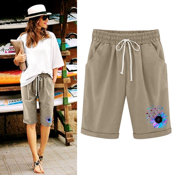 Summer Savings! Zanvin Womens Shorts, High Waisted Linen Half Shorts, Women's Summer Print Five Points Large Size Cotton Linen Pants Casual Pants, Quickly Dried, Soft and Breathable, Khaki, XXXXXL