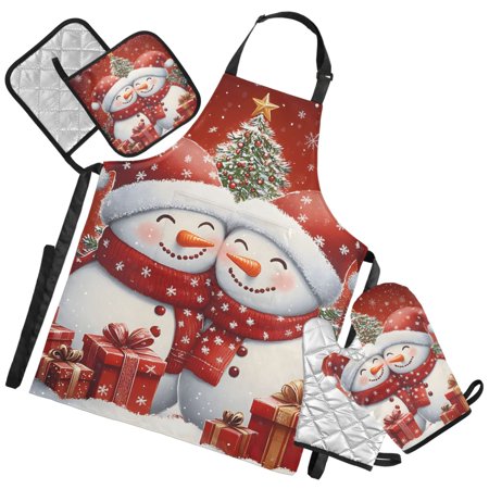 Ryvnso Christmas Snowmans Kitchen Apron Oven Mitts Set Pot Holders