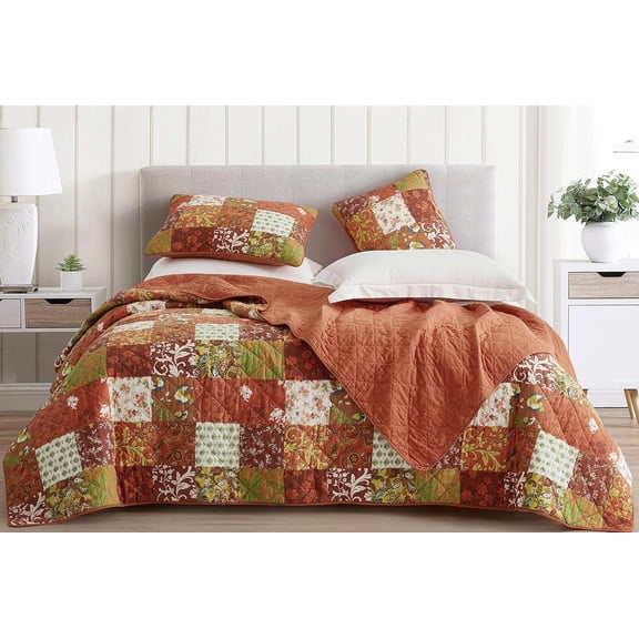 Leilani 3-Piece Boho Washed Cotton Quilt Set Queen Size - Bohemian Quilted Bedding Orange Green White Floral Printed Patchwork Lightweight Bedspread Set for All Season