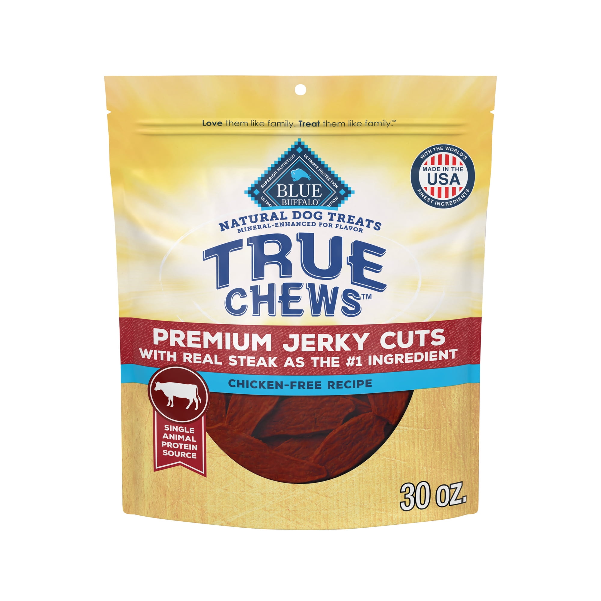 Blue Buffalo True Chews Premium Jerky Cuts Chicken-Free Natural Dog Treats, Steak, 30oz.