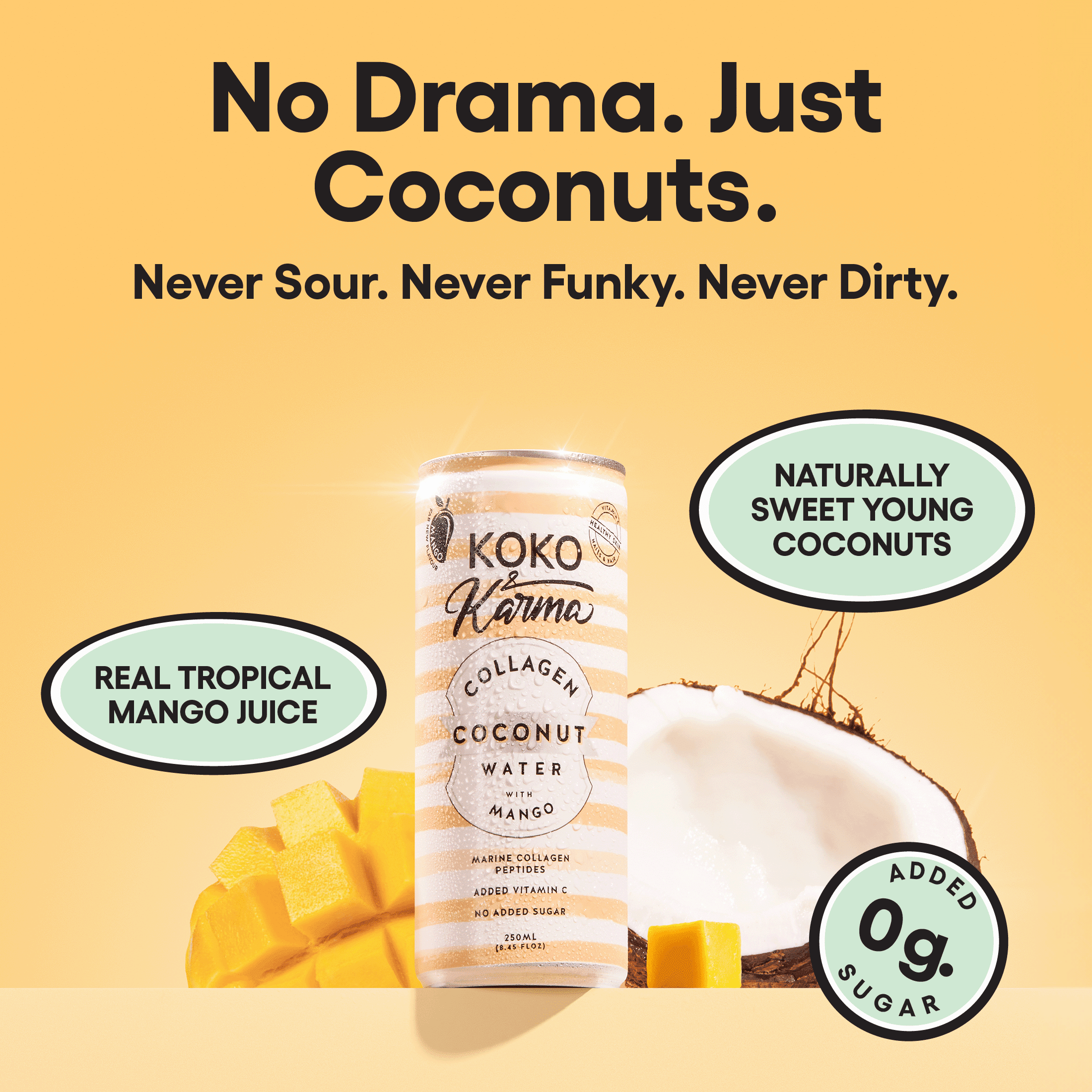 (3 pack) Koko & Karma Mango Coconut Water, Marine Collagen, No Added Sugar, 4-Pack Cans (8.45 fl oz Each)