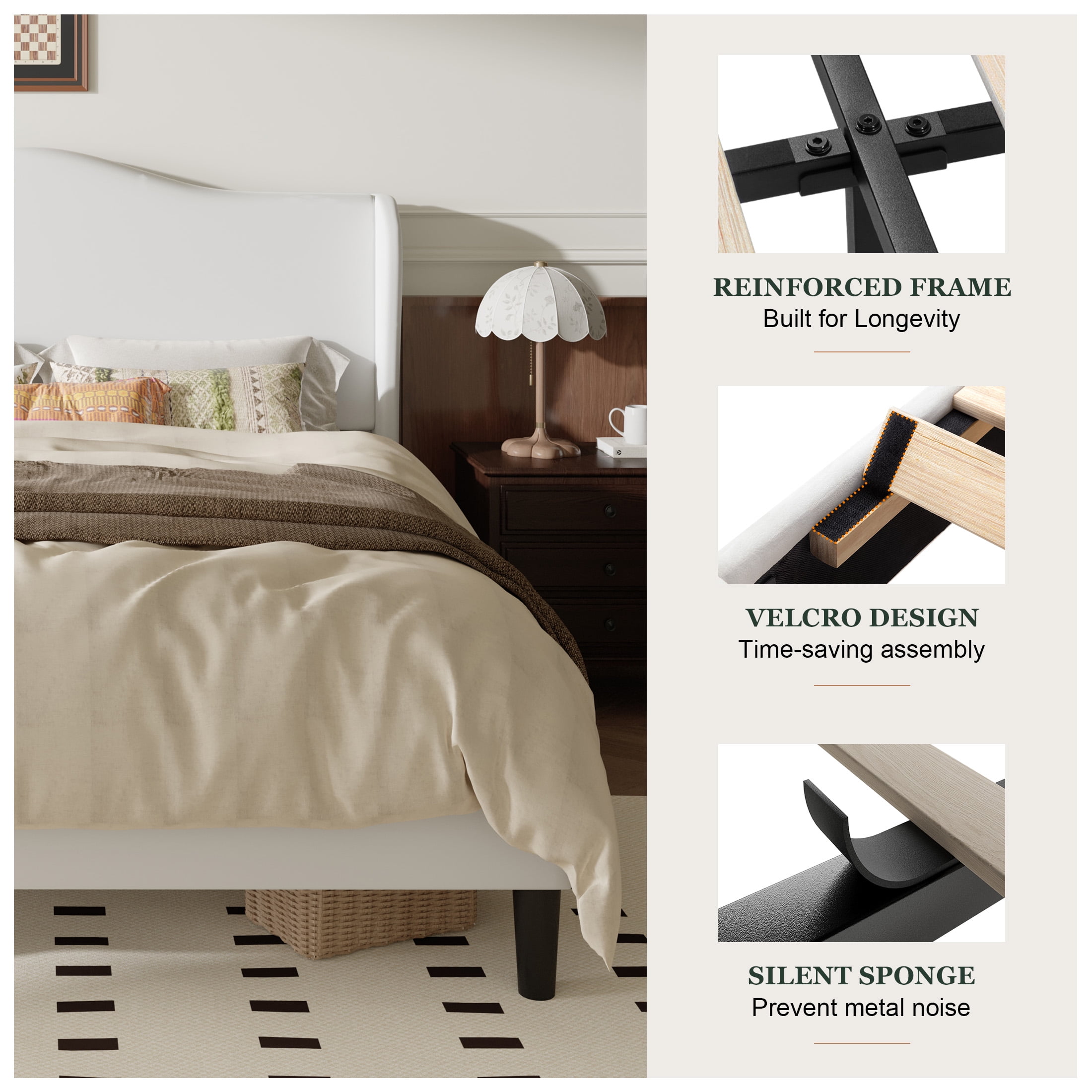 Amolife Queen Bed Frame with Velvet Upholstered Wingback Headboard, Personalized Platform Bed, No Box Spring Required, White
