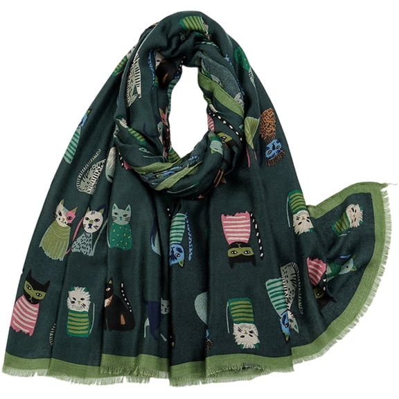 Byfri Cat Animal Print Fringed Shawl Scarf Green 180x85cm Soft Wrap Travel Sun Protection for Women