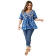 thumbnail image 3 of DARING DIVA Women's Plus Floral Print V Neck Boho Casual Loose Blouse 1X Blue, 3 of 6