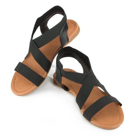 Phoebecat Sandals for Women, Women's Fashion Summer Sandals Criss-Cross Open Toe Wide Elastic Strap Shoes for Ladies, Black Soft Elastic Band Slippers Flip Flops,